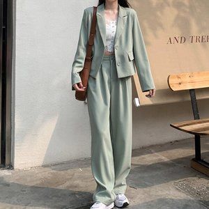 Two Piece Matching Blazer Jacket Pants Suit Set Outfit Boxy Light Green XS S 2 4